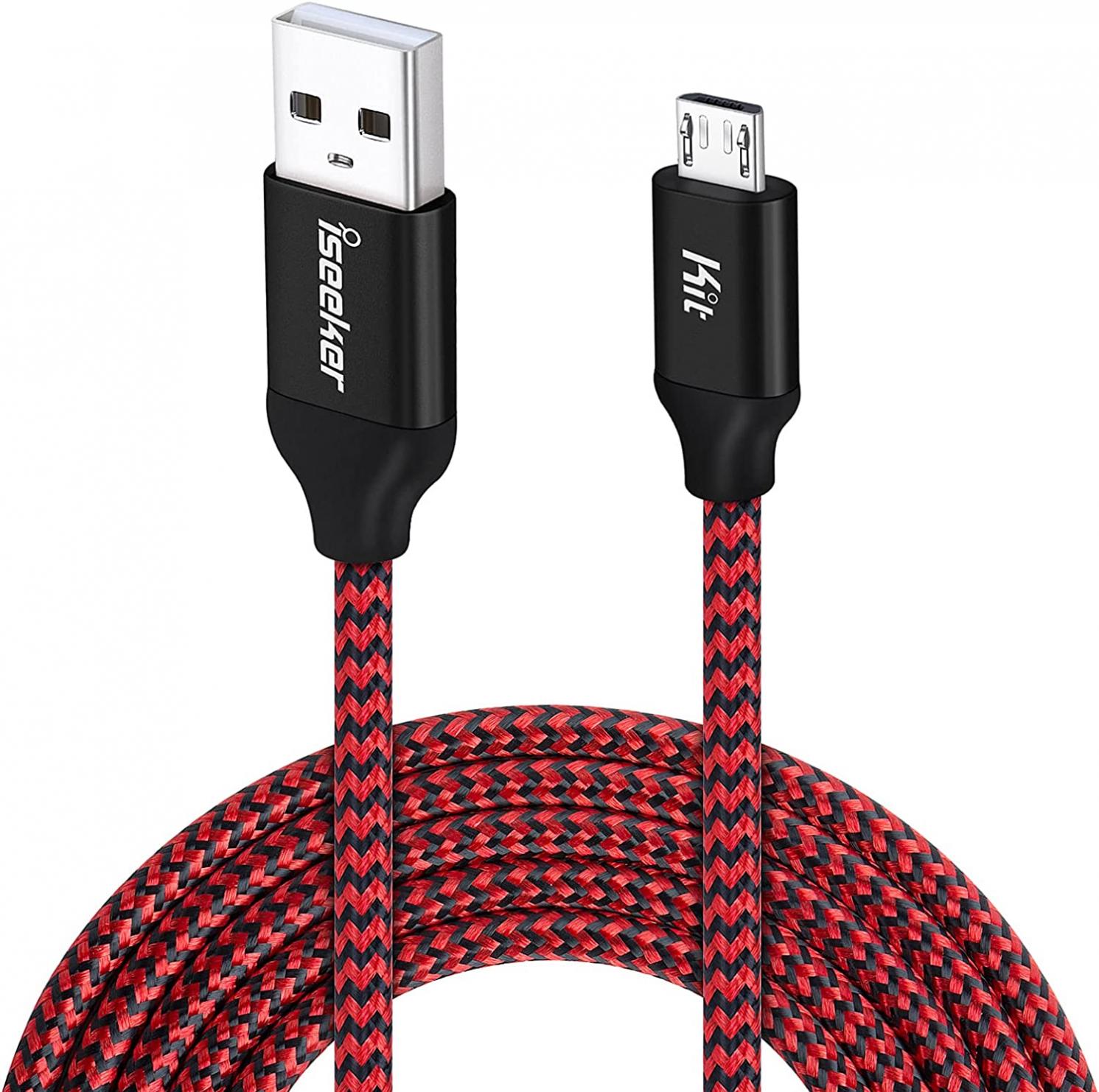 Android Charging Cable, 15ft PS4 Controller Charger Cable, iSeekerKit Durable Micro USB 2.0 Charging Cord Wire Compatible for Samsung Galaxy S7 Edge/S6/Note5,Sony,LG,Moto,HTC,Smartphones (Red)