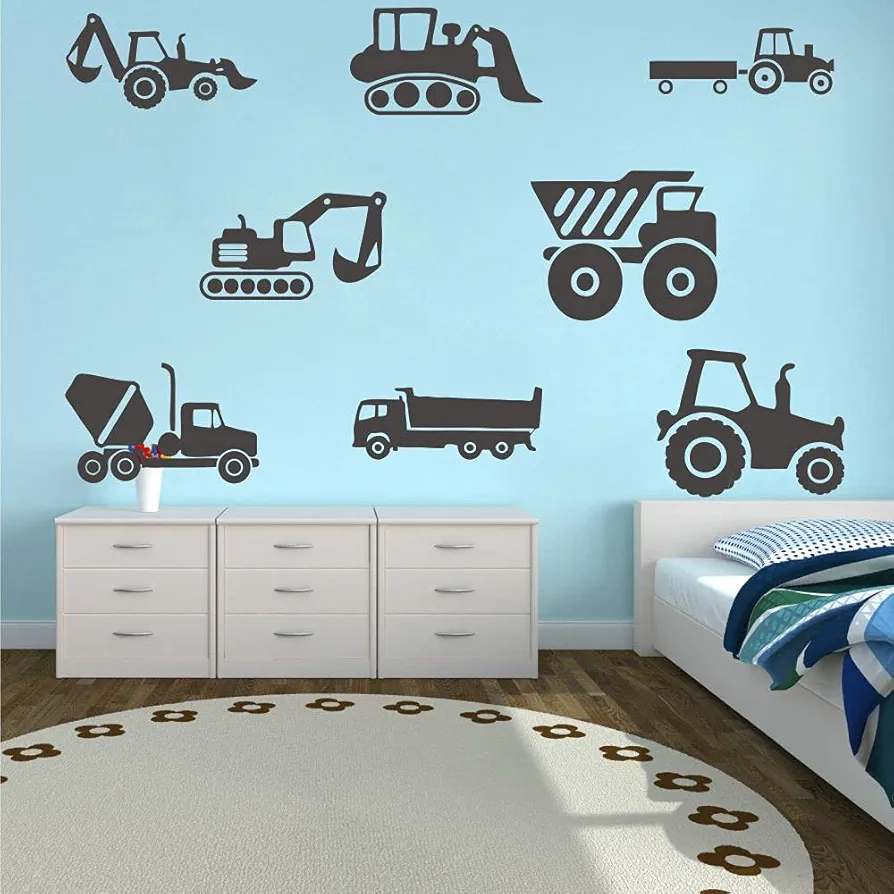 8 Transports Kids Wall Stickers Decals Excavator Bulldozer Mixer Truck Construction Truck Tractor Peel and Stick Removable for Nursery Bedroom Living Room Art murals Decorations JWH130 (Black)