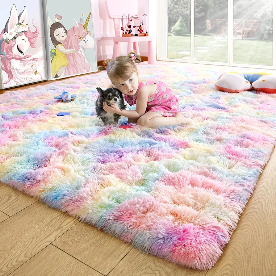 Noahas Fluffy Rainbow Rug for Girls Bedroom, Shaggy Area Rugs for Kids Playroom Kawaii Fuzzy Girls Room Decor Carpets for Nursery Baby, Cute Teenage Room Decorations, 3 x 5 Feet