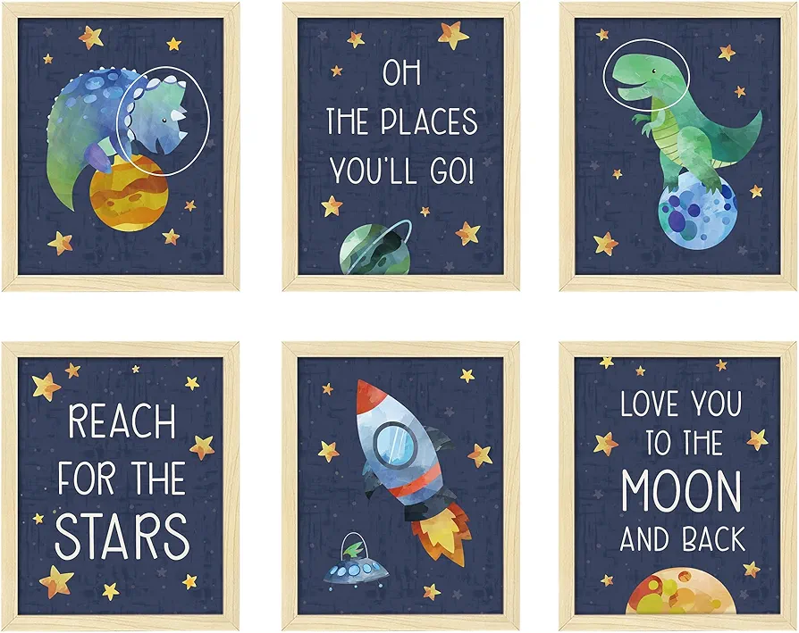 ArtbyHannah 6 Pack 8x10 Inch Framed Nursery Wall Art Decor with Wood Frame and Moon Animals & Letter Prints for Playroom, Kids Children Room Bedroom Decoration