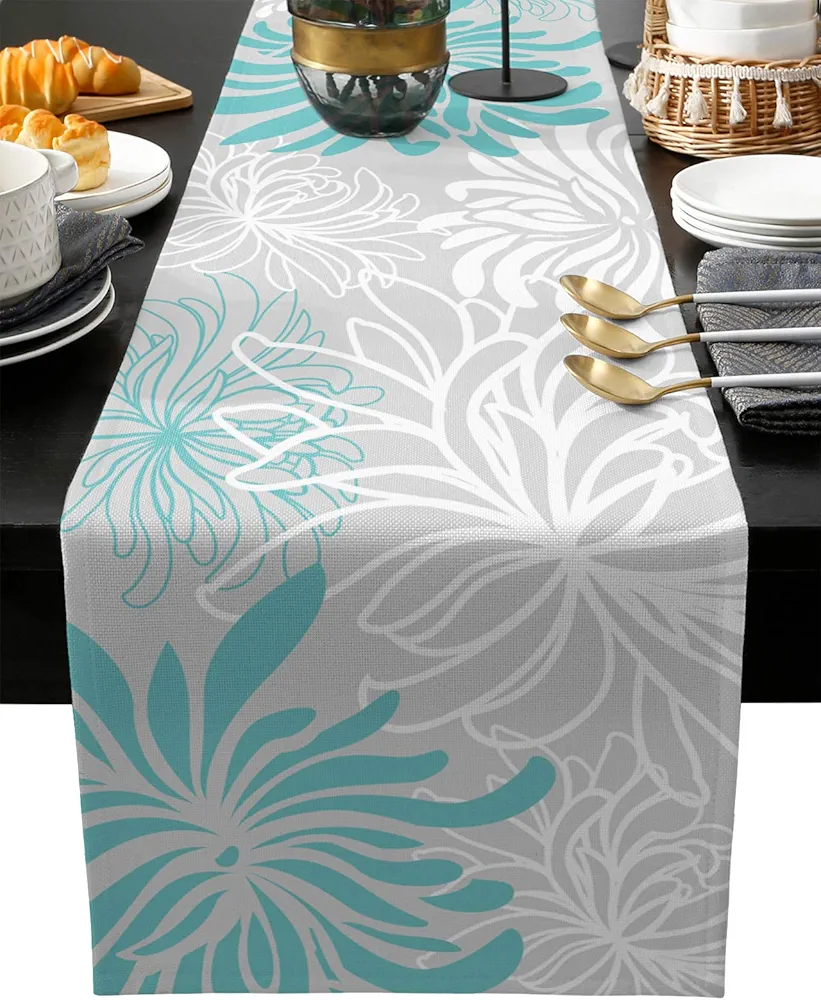 Aqua Chrysanthemum Flowers Table Runner-Cotton Linen-Small 13x36inches Dresser Scarves,Floral Grey Tablerunner for Kitchen Coffee/Dining/End Table Bedroom Living Room,Scarf Decor for Holiday