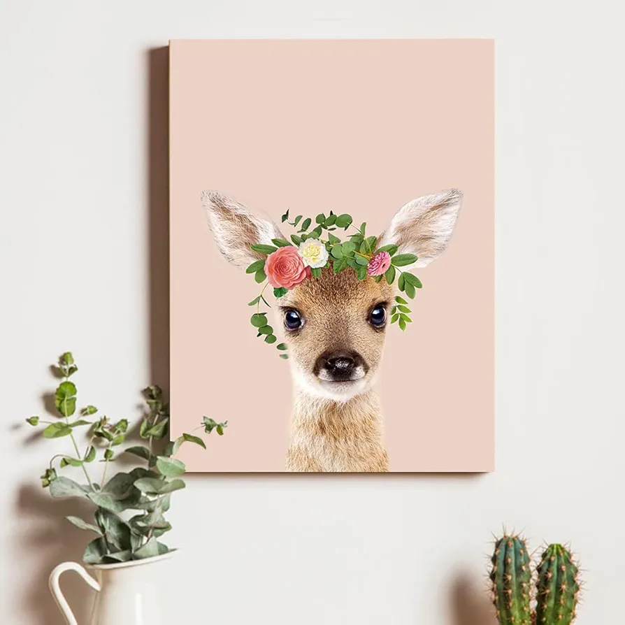 ORIDOMY Baby Deer Wall Décor Cute Deer Canvas Prints Art Baby Animal Pictures for Nursery Toddler Boy Girl Room Woodland Animal Portrait Painting Kids Bedroom Bathroom Decoration Gifts 12"x16" Framed