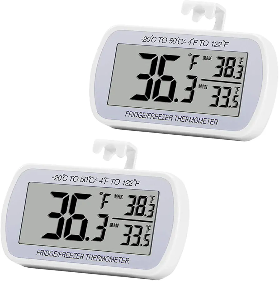 2 Pack Refrigerator Fridge Thermometer Digital Freezer Room Thermometer Waterproof Large LCD Display Max/Min Record Function-White