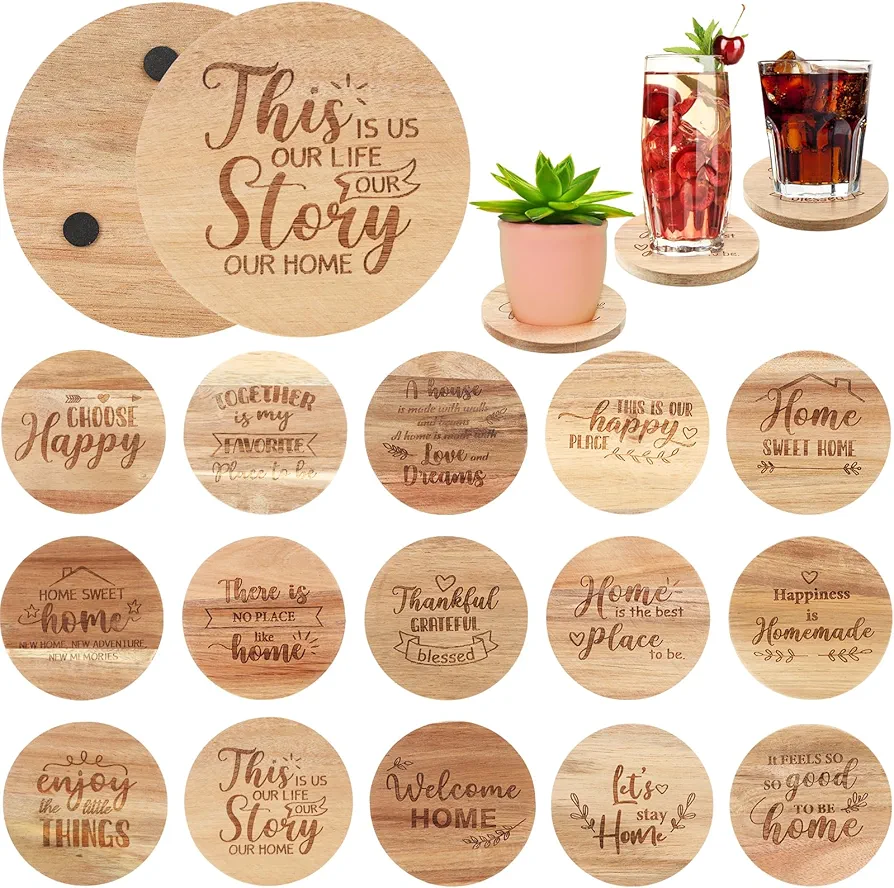 15 Pcs Rustic Farmhouse Coasters for Drinks 4 Inch Wood Coasters Set of 15 Housewarming Gifts New Home Nonslip Wooden Drink Coasters for New Home Gift Ideas Table Coffee Kitchen Bar Room, 15 Styles