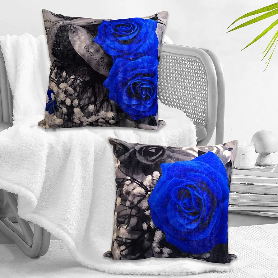 Flower Throw Pillow Covers Black Blue Rose Decorative Square Pillowcases 18x18 Set of 2 for Sofa Bedroom Living Room Decor Gift (Black Blue)