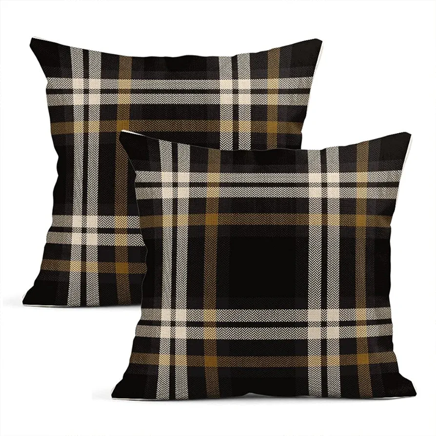 Set of 2 Throw Pillow Covers Check Plaid Herringbone Tartan in Gold Grey Natural Linen Cushion Cases Home Decorative Sofa Room Armchair Bed 20x20 Inches