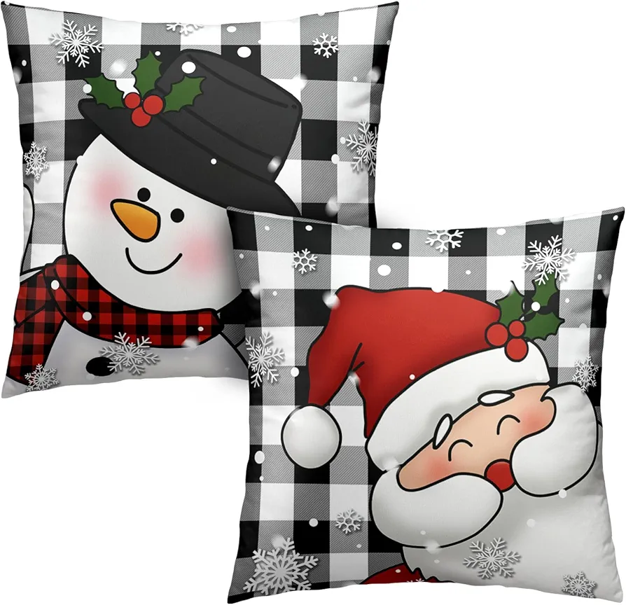 Black and White Plaid Christmas Pillows Covers 18x18 Set of 2 Winter Snowman and Santa Claus Pillow Cases Snowflakes Cushion Cases Home Decor for Living Room Bed Sofa