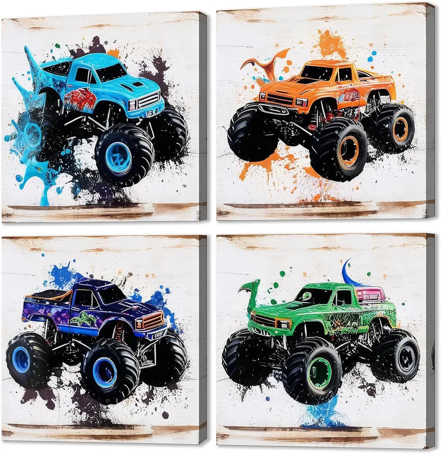 The Mode Art Monster Truck Wall Art 4 Pieces Prints for Kids Rooms Home Decor Canvas Artwork Painted truck Theme Photos Wall Decor in the Boy's Bedroom Each Size: 12"x12"