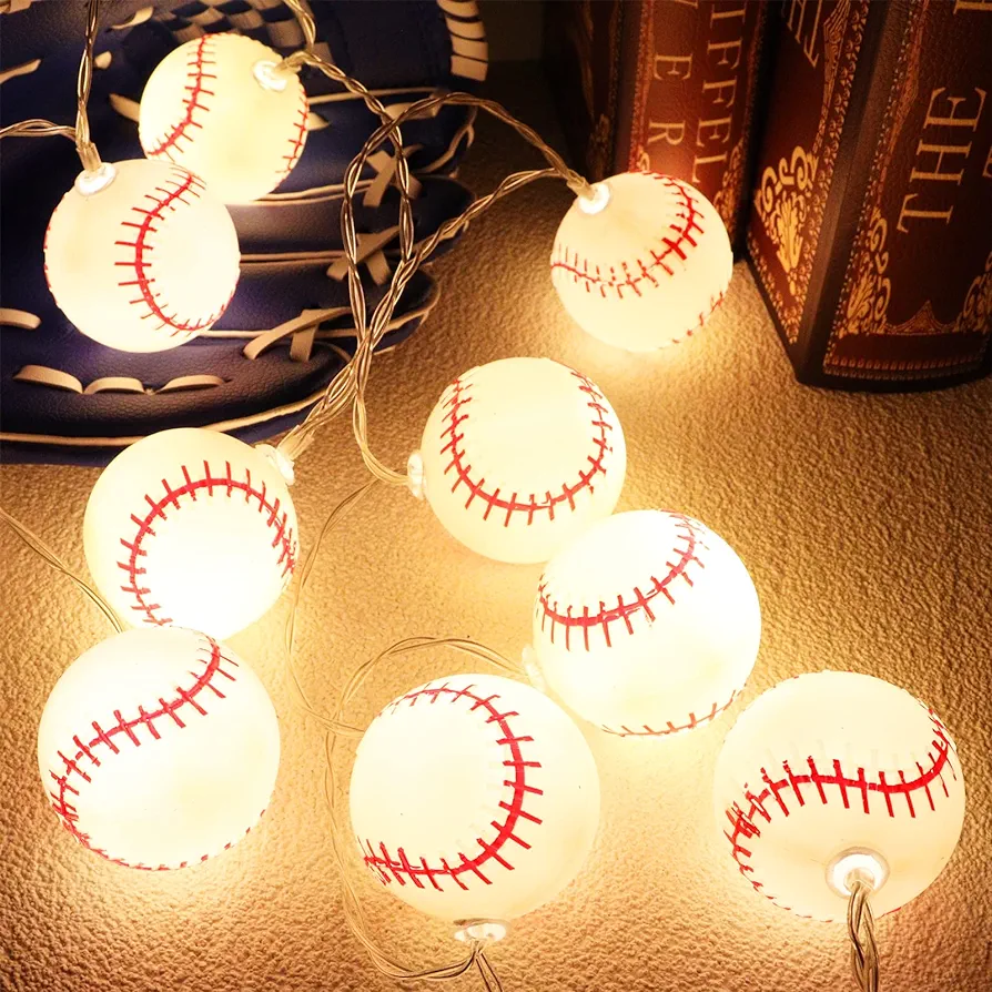 Baseball Decorations String Lights, Timer Battery Operated 6.5ft 10LED Room Decor,Baseball Ornaments for Christmas Tree, Boys Bedroom, Sports Theme Party Favors, Christmas Gift for Kids