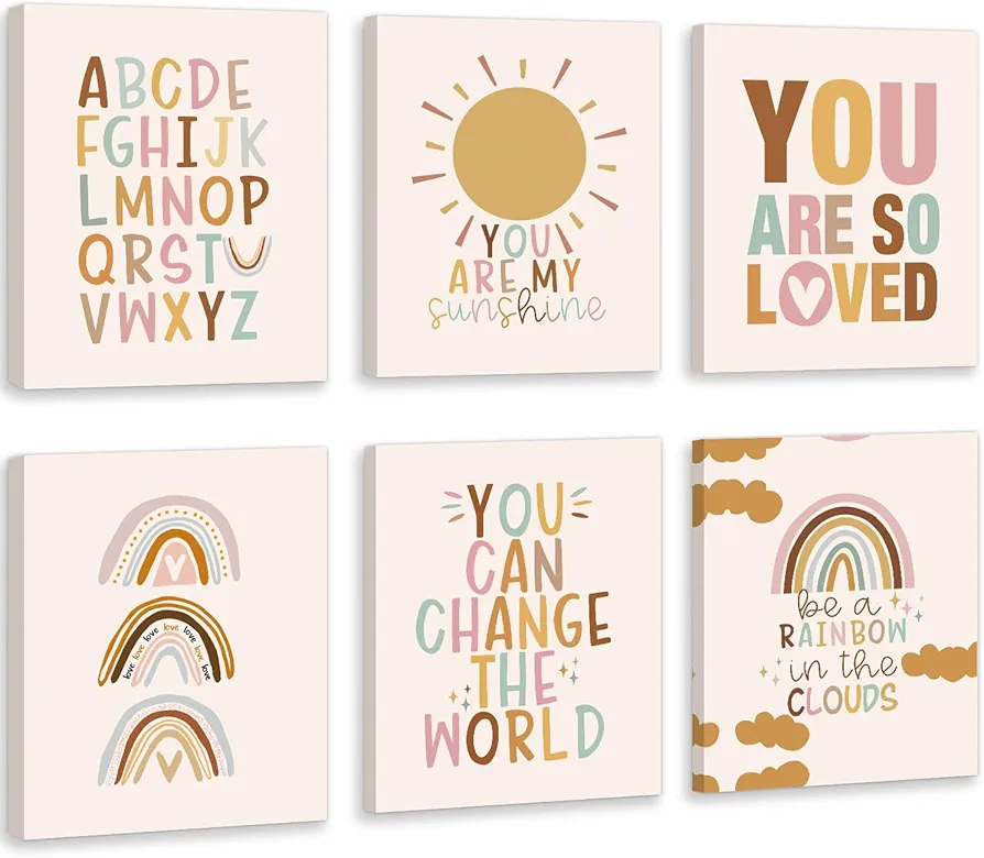 CHDITB Nursery Wall Art, You Are My Sunshine Rainbow Canvas Framed Posters, Set Of 6(12”X16”) Colorful Alphabet Classroom Artwork Boho Weather Kids Art Prints Wall Decor For Girls Room Boy Bedroom