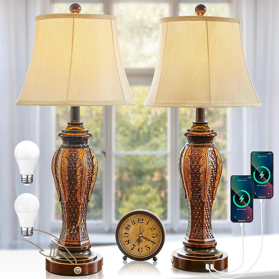 27.5''Tall Bedroom Lamps Set of 2,Rustic Farmhouse Table Lamps for Living Room,3-Way Dimmable Touch Bedside Lamps with 2-USB Charging Ports for Nightstand (Retro Bronze)