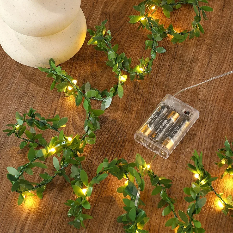 Artificial Garland with Led Fairy Lights Battery Operated, 2 Pack Leaf Lights, Vine Hanging Lights for Bedroom, Christmas, Parties, Wedding, Centerpiece, Decoration (5m/16ft Warm White)