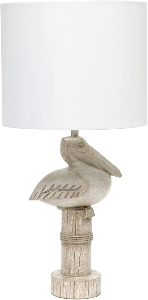 Simple Designs LT1091-PEL Shoreside 17.25" Tall Coastal Sitting Pelican Beige Wash Polyresin Bedside Table Desk Lamp w White Fabric Drum Shade for Décor, Accent, Beach, Seaside, Living Room, Bedroom