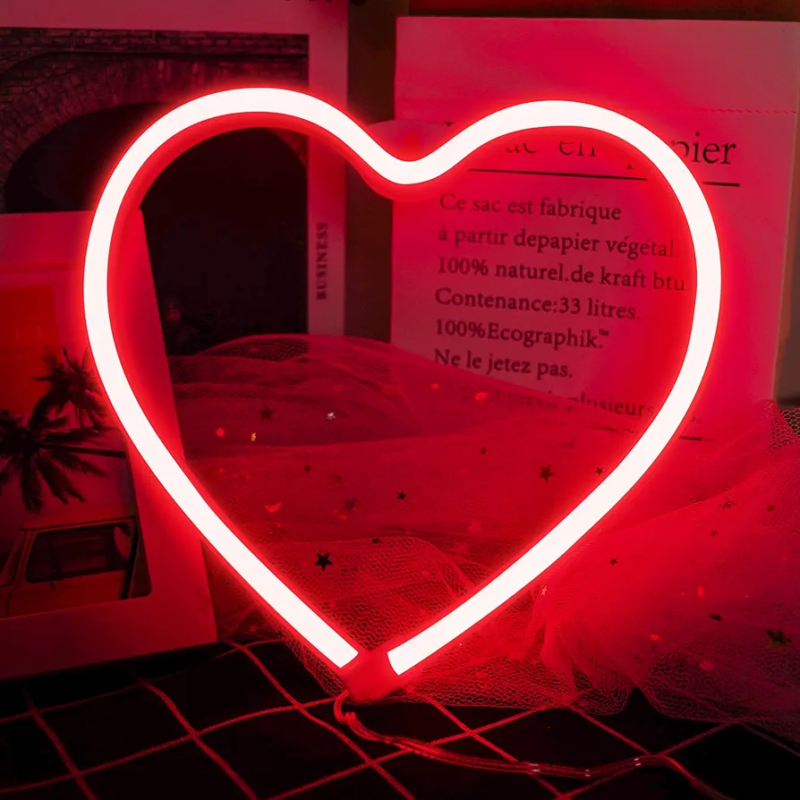 Red Heart Neon Sign, LED Light 3-AA Battery Operated or USB Powered Decorations Lamp, for Girl's Room Dorm Wedding Anniversary Valentine’s Day Mother’s Day Birthday Party Home Décor