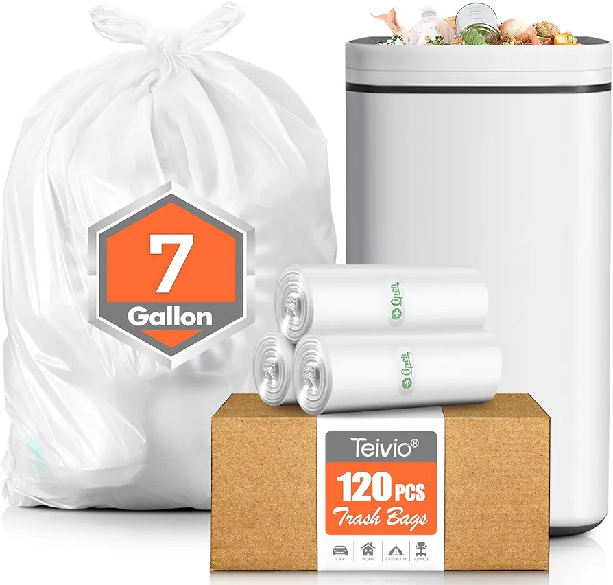 Teivio 7 Gallon(Fit 6-7Gal)120 Counts Strong Garbage Bags 6 Gallon 7 Gallon Trash Bags,Waste Basket Liner,Bathroom Trash Can Bin Liners, Plastic Bags for home office kitchen, Clear