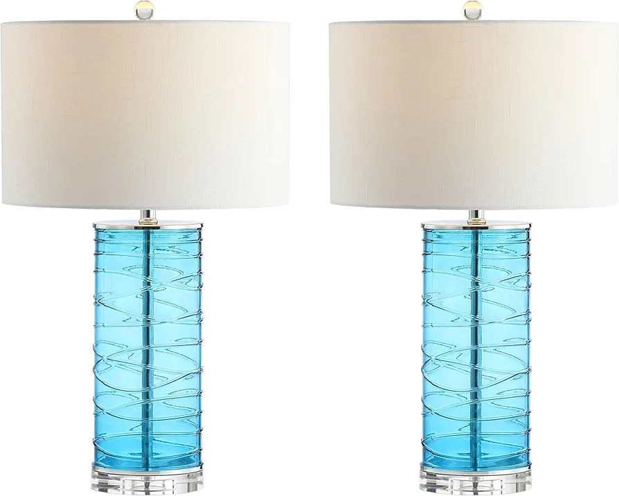 JONATHAN Y JYL4016A-SET2 Set of 2 Table Lamps Cole 27.5" Modern Fused Glass Cylinder LED Table Lamp Coastal Bedside Desk Nightstand Lamp for Bedroom Living Room Office College Bookcase, Turquoise