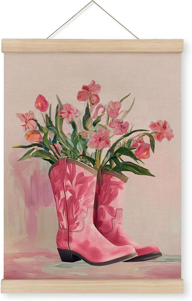 MAQIKA Cowgirl Pink Boots Poster Framed with Wood Hanger,Western Wall Decor,Pink Western Decor, Cowgirl Boot Hanging Wall Decor,Pink Floral Boot Canvas Wall Art Paints for Girly Girls Room Dorm 12x16