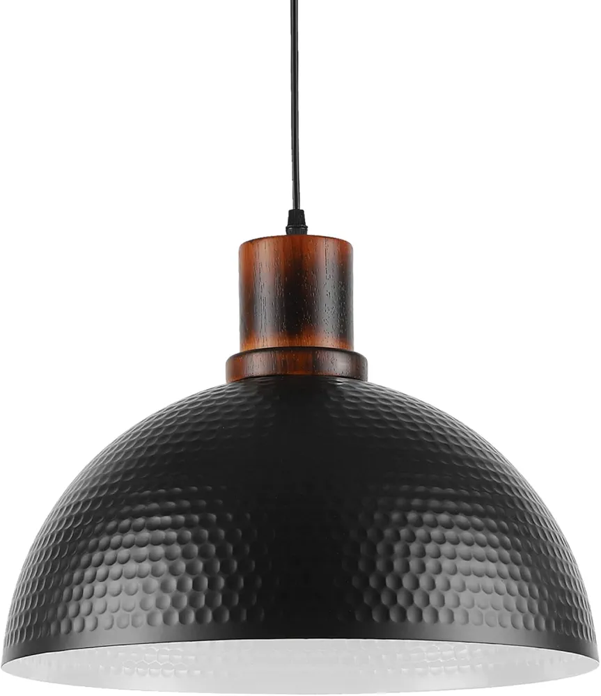 Modern Solid Wood Pendant Lights,15.7" Hammered Metal Shade,Black Finish Hanging Lighting Lamp Industrial Dome Ceiling Light Fixtures for Kitchen Island, Farmhouse, Dining Room