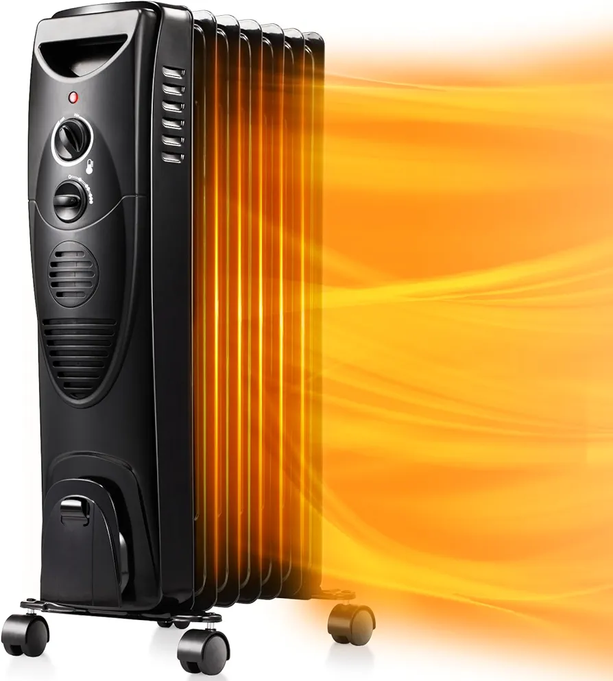 Antarctic Star Oil Filled Radiator Heater, 1500W Portable Electric Space Heater, Adjustable Thermostat, 3 Heat Settings,Tip Overheat Protection Quiet Working, Black