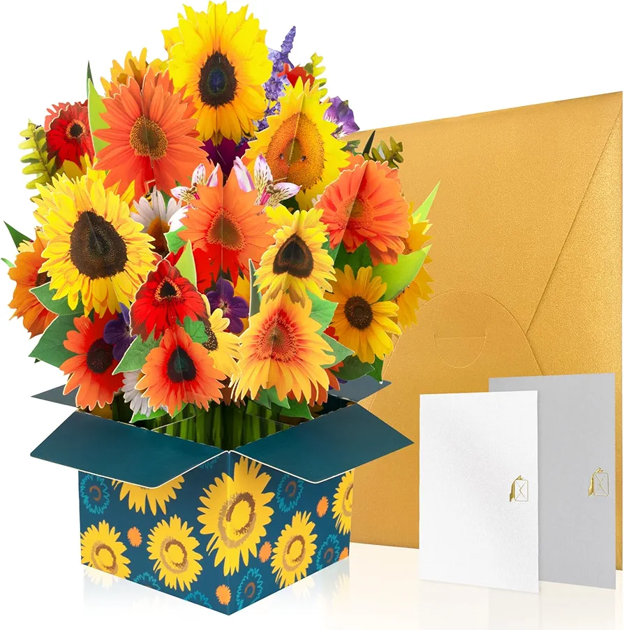 GREETING ART Paper Pop Up Bouquet Cards,Sunflower,Get Well Soon Pop Up Cards, 9.4inch Forever Flower Paper 3D Popup Cards for Birthday,Mother's Day,Thank You,Graduation Cards, Congrats Card