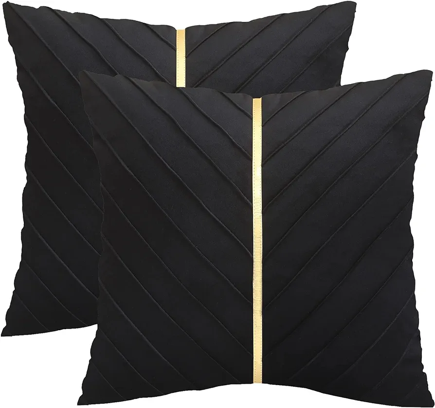 Black Velvet Throw Pillow Covers 18x18 inch Pack of 2 with Gold Leather Decorative Couch Pillow Cover Luxury Modern Pillowcases for Wedding Living Room Bedroom Sofa Cushion Bed