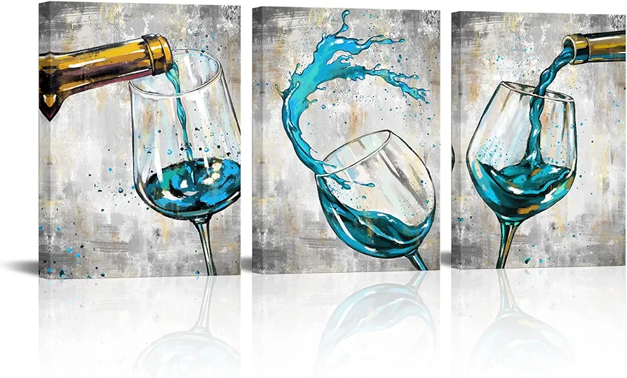 Conipit 3 Pieces Teal Wine Wall Art for Kitchen Restaurant Dinning Room Elegant Wine Picture Watercolor Painting Wine Canvas Vintage Teal Prints Framed Giclee Modern Wall Decor 12x16inch per each