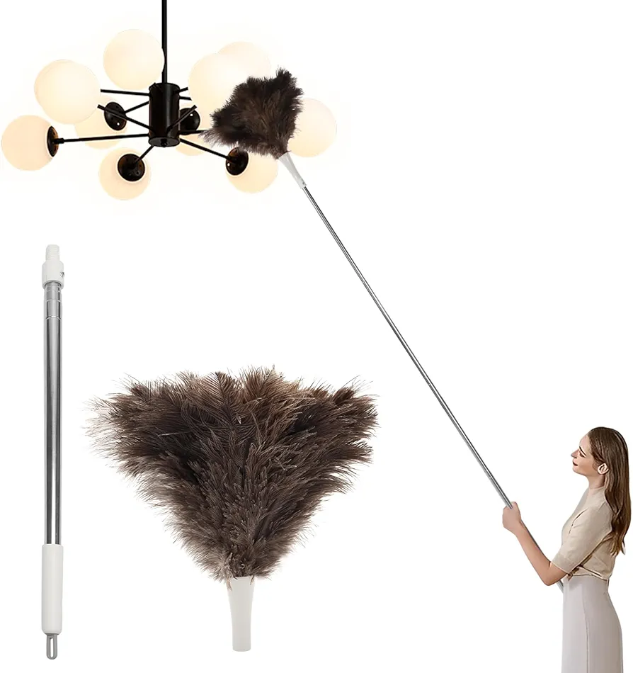 Ostrich Feather Duster Pole up to 72Inch,Extendable Feather Duster Used for home Cleaning Ceilings Furniture Fans