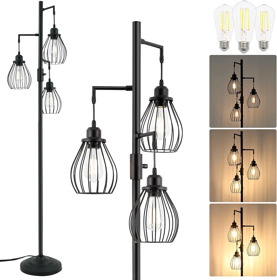 68.5” Dimmable Floor Lamp, Industrial Farmhouse Floor Lamps with Elegant Teardrop Cages, Rustic Floor Lamps Black Tall Vintage Pole Lamps for Living Room Bedroom Office, 3 LED Bulbs Included