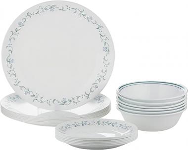 Corelle 18-Piece Vitrelle Glass Country Cottage Chip and Break Resistant Dinner Set, Service for 6, Green/Blue