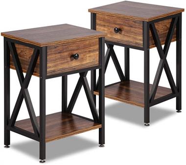 VECELO Modern Versatile Nightstands X-Design Side End Table Night Stand Storage Shelf with Bin Drawer for Living Room Bedroom, Set of 2 (Brown)