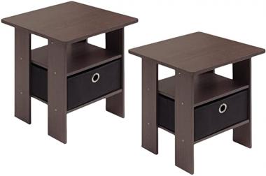 Furinno Andrey Set of 2 End Table / Side Table / Night Stand / Bedside Table with Bin Drawer, Dark Brown/Black