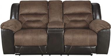 Signature DESIGN BY ASHLEY Earhart Faux Leather Manual Double Reclining Loveseat with Storage Console, Brown.