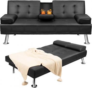 YESHOMY Futon Sofa Bed, Modern Faux Leather Convertible Folding Lounge Couch for Living Room with 2 Cup Holders Removable Soft Armrest and Sturdy Metal Legs, Black