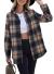 Sidefeel Women Plaid Long Sleeve Button Down Collar Long Shirt Oversized Coat