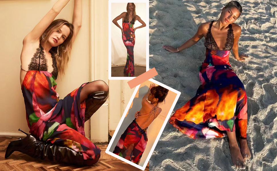 Backless Spaghetti Strap Maxi Dresses for Women, Red Satin Tie Dye Bodycon Dress