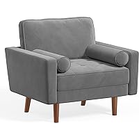 Vesgantti Grey Velvet Accent Chair, Mid Century Modern Living Room Chairs, Button Tufted Arm Chairs with 2 Pillows, Comfy Sof