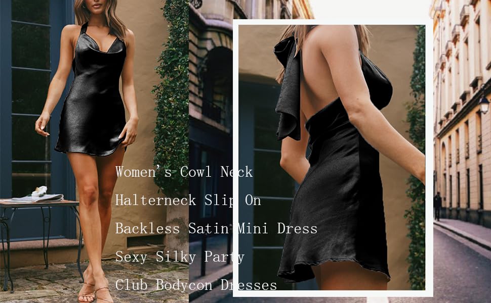 Cowl Neck Halterneck Slip On Backless Satin Mini Dress Sexy Silky Party Club Bodycon Dresses