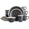 Stone Lain 16-Piece Stoneware Dinnerware, 2-Tone, Speckles, Dark Gray-Cream