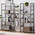 LIFUSTTG Triple Wide 4 Tier Bookshelf, Large Etagere Bookshelves and Bookcase Wood Metal, Industrial Book Shelf Open Display Storage Shelves for Living Room/Home Office