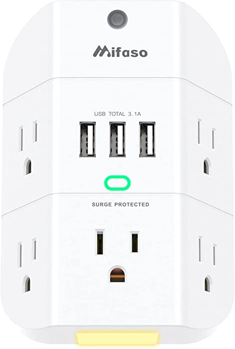 Outlet Extender with Night Light, 5-Outlet Surge Protector with 3 USB Charging Ports, 1800J Power Strip Multi Plug Outlets Wall Adapter Expander with Spaced Outlets for Home, School, Office