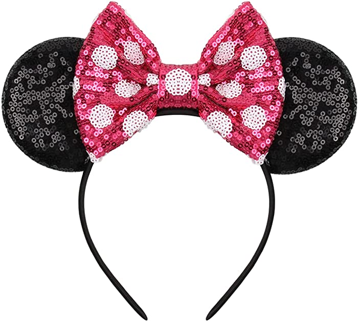 YanJie Mouse Ears Bow Headbands, Glitter Party Princess Decoration Cosplay Costume for Girls (hot pink)