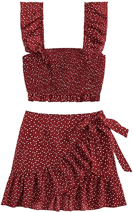 MakeMeChic Women's Two Piece Ruffle Trim Cami Crop Top and Wrap Skirt Set