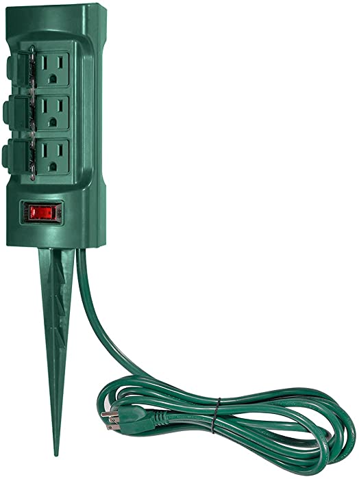 BESTTEN Outdoor Power Strip with Covers and Overload Protection Switch, Double Sided 6-Outlet Yard Power Stake with 9-Foot Long Extension Cord, ETL Certified, Green