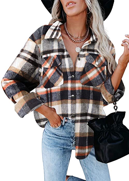 Sidefeel Women Plaid Long Sleeve Button Down Collar Long Shirt Oversized Coat