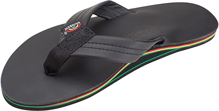 Rainbow Sandals Men's Leather Rasta - Single Layer Two Tone Black Leather Sandals with Rasta Mid Sole