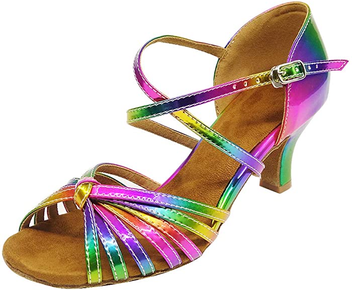 HXYOO Indoor Women Latin Dance Shoes Salsa Rainbow Color WK0356